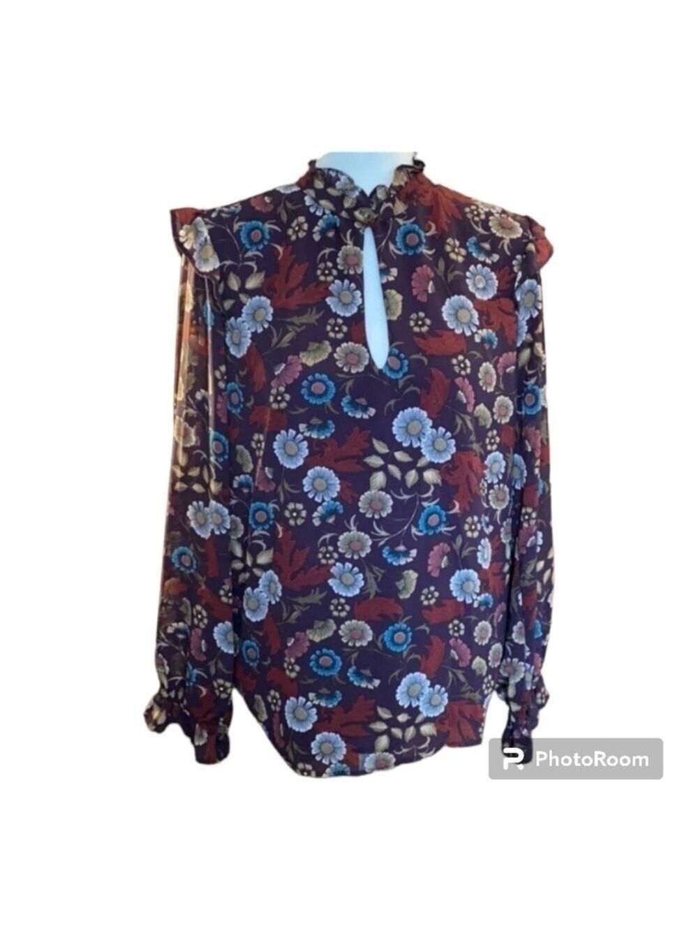 WAYF Floral High Ruffle Neck Top W/ Keyhole Front Ruffle Cuffs M EUC